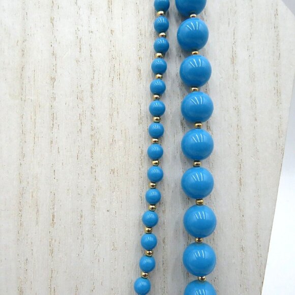Vintage Hong Kong 24" Blue Beaded Necklace With Gold Tone Accents - Picture 4 of 11